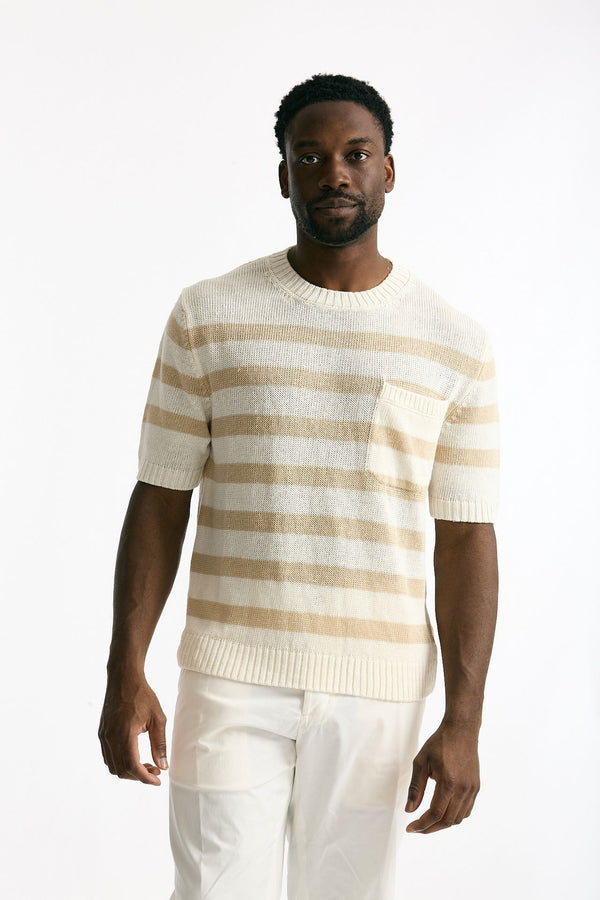 T-shirt in lino rigata beige e bianco men Hosio