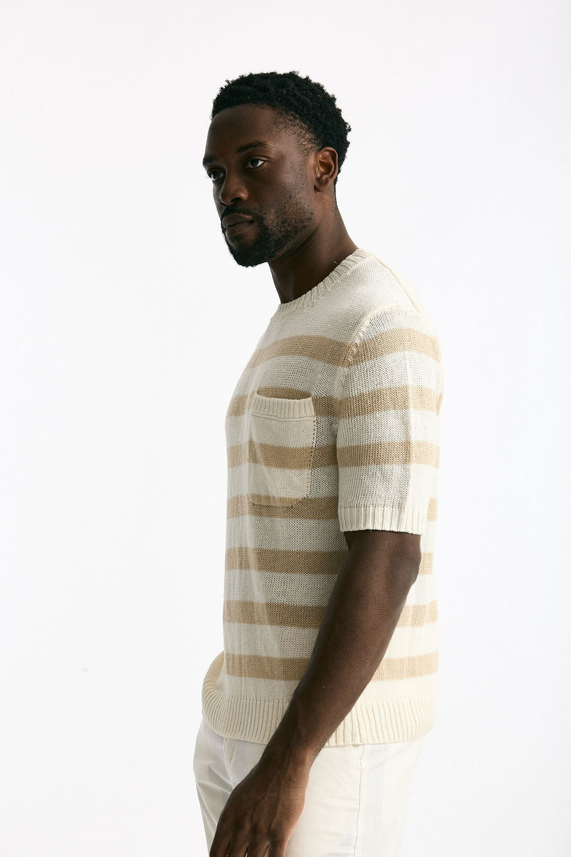 T-shirt in lino rigata beige e bianco men Hosio - 3