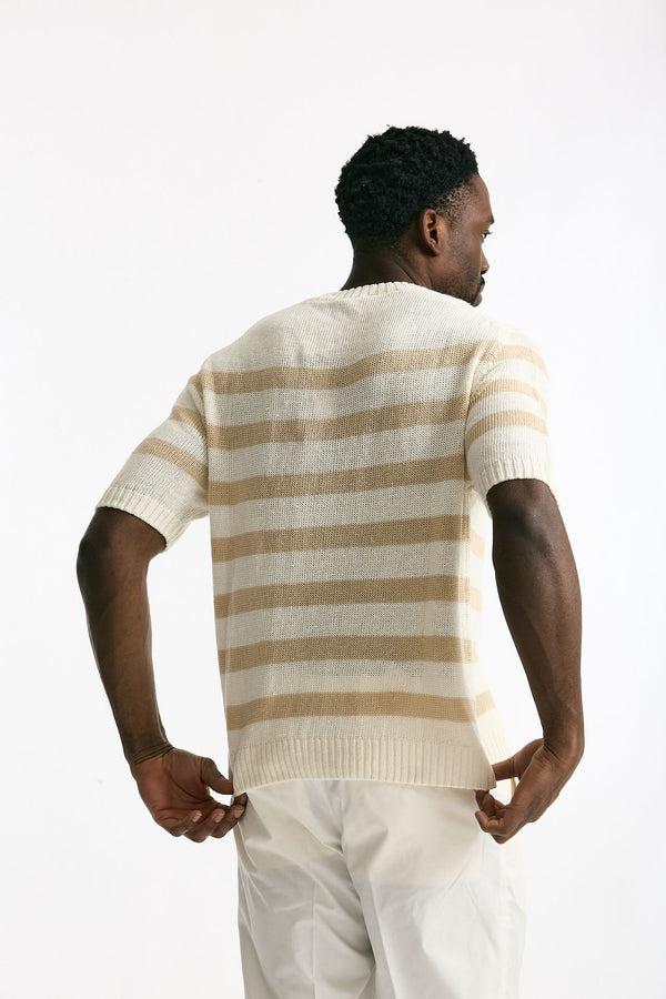 T-shirt in lino rigata beige e bianco men Hosio