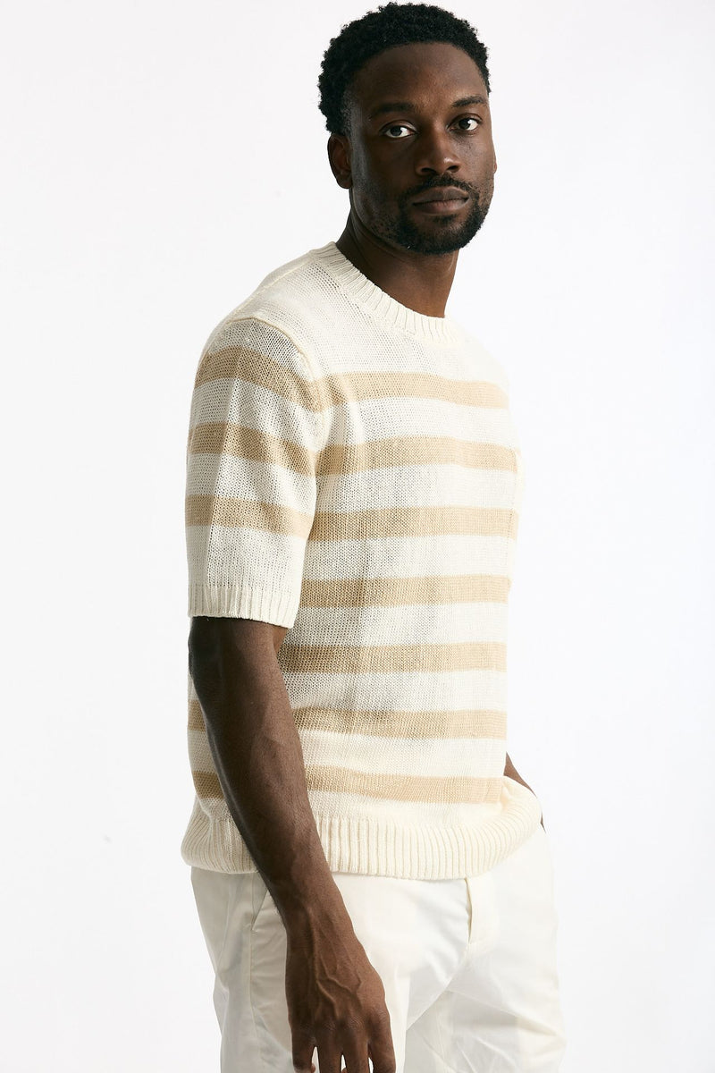 T-shirt in lino rigata beige e bianco men Hosio - 4