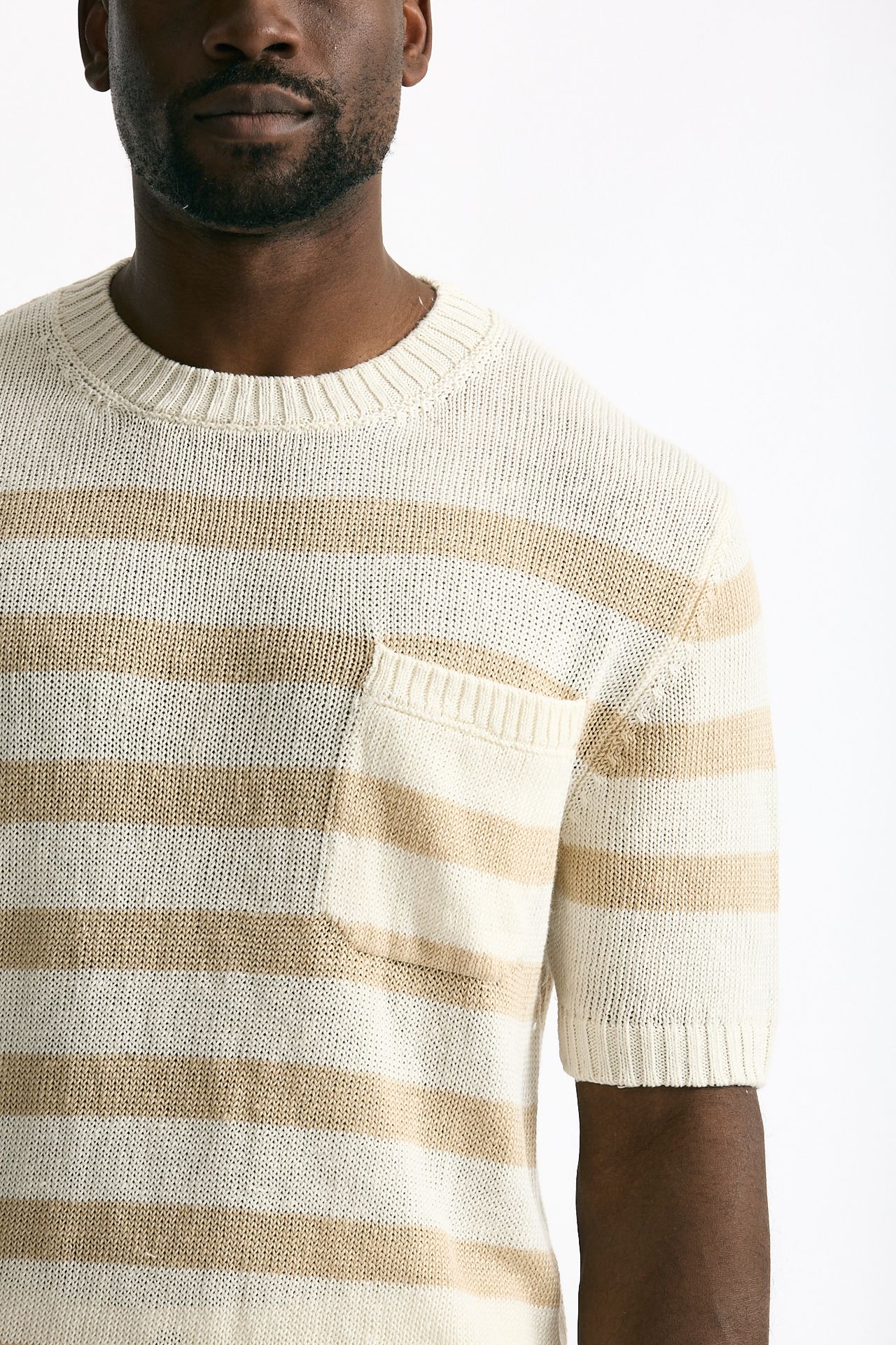 T-shirt in lino rigata beige e bianco men Hosio - 5