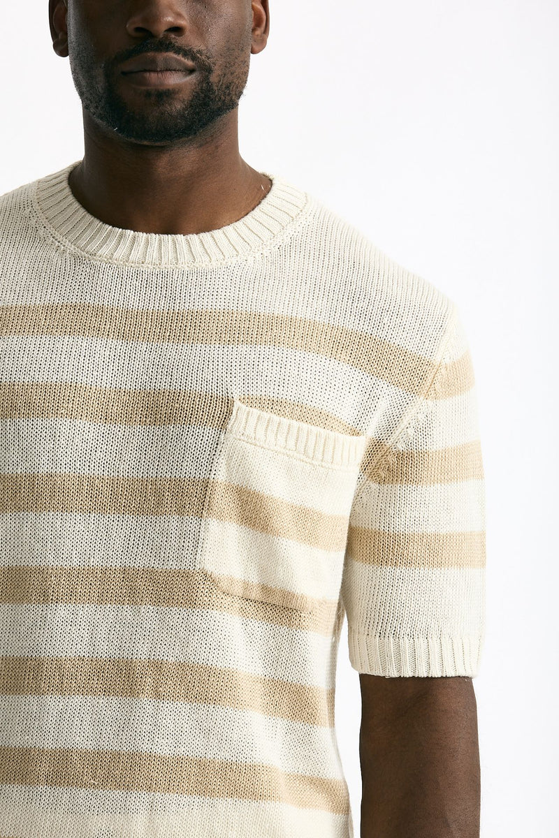 T-shirt in lino rigata beige e bianco men Hosio - 5