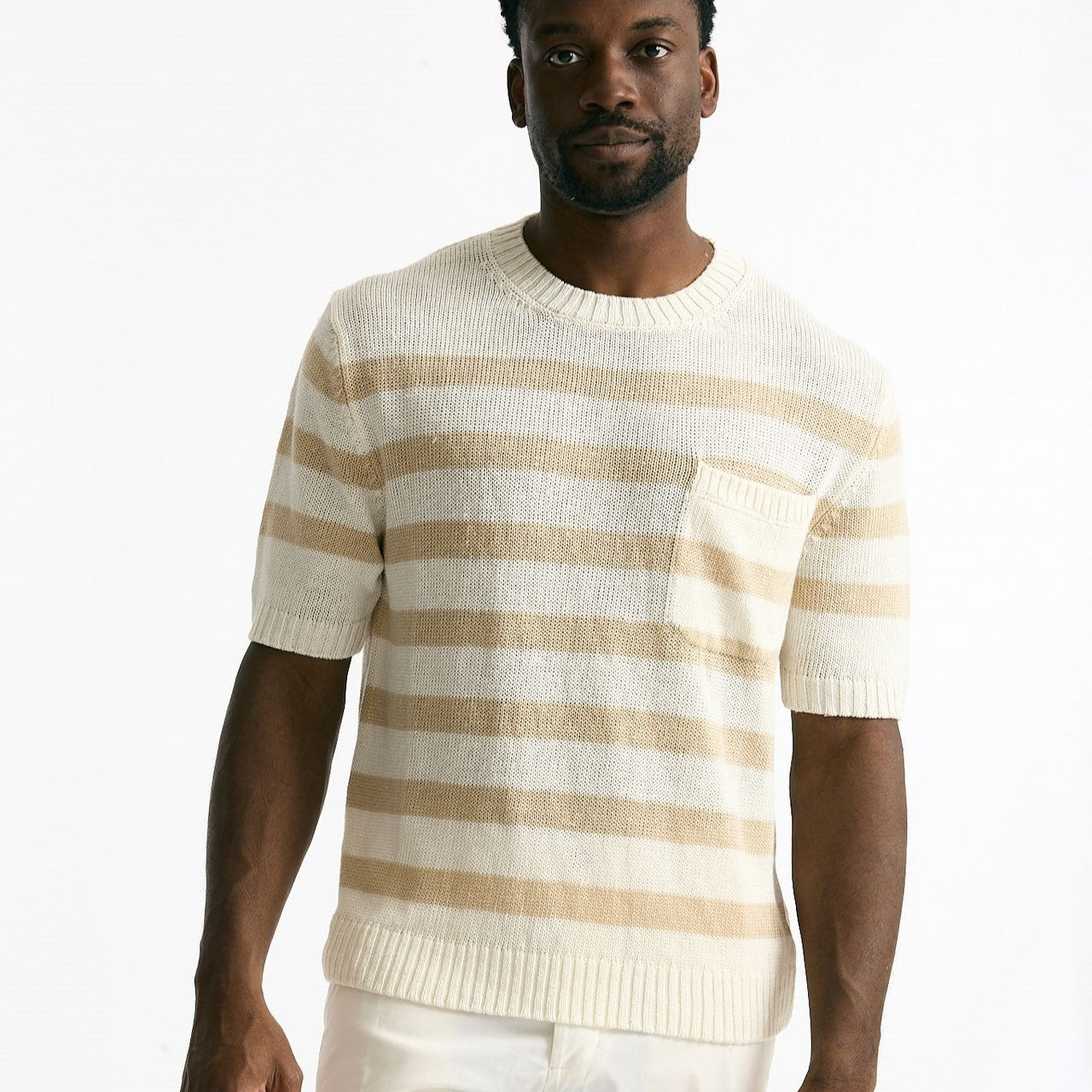 T-shirt in lino rigata beige e bianco men Hosio - 6