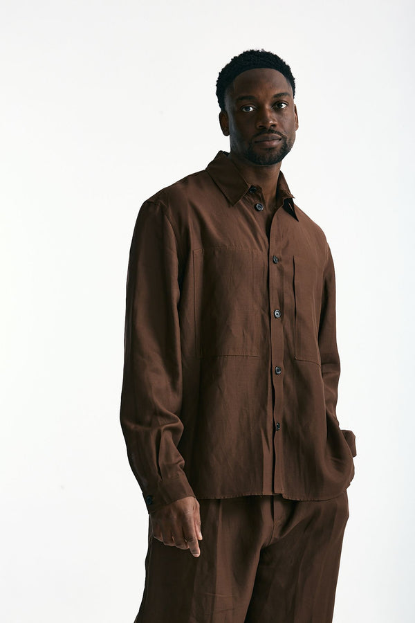 Camicia in viscosa e lino marrone men Laneus