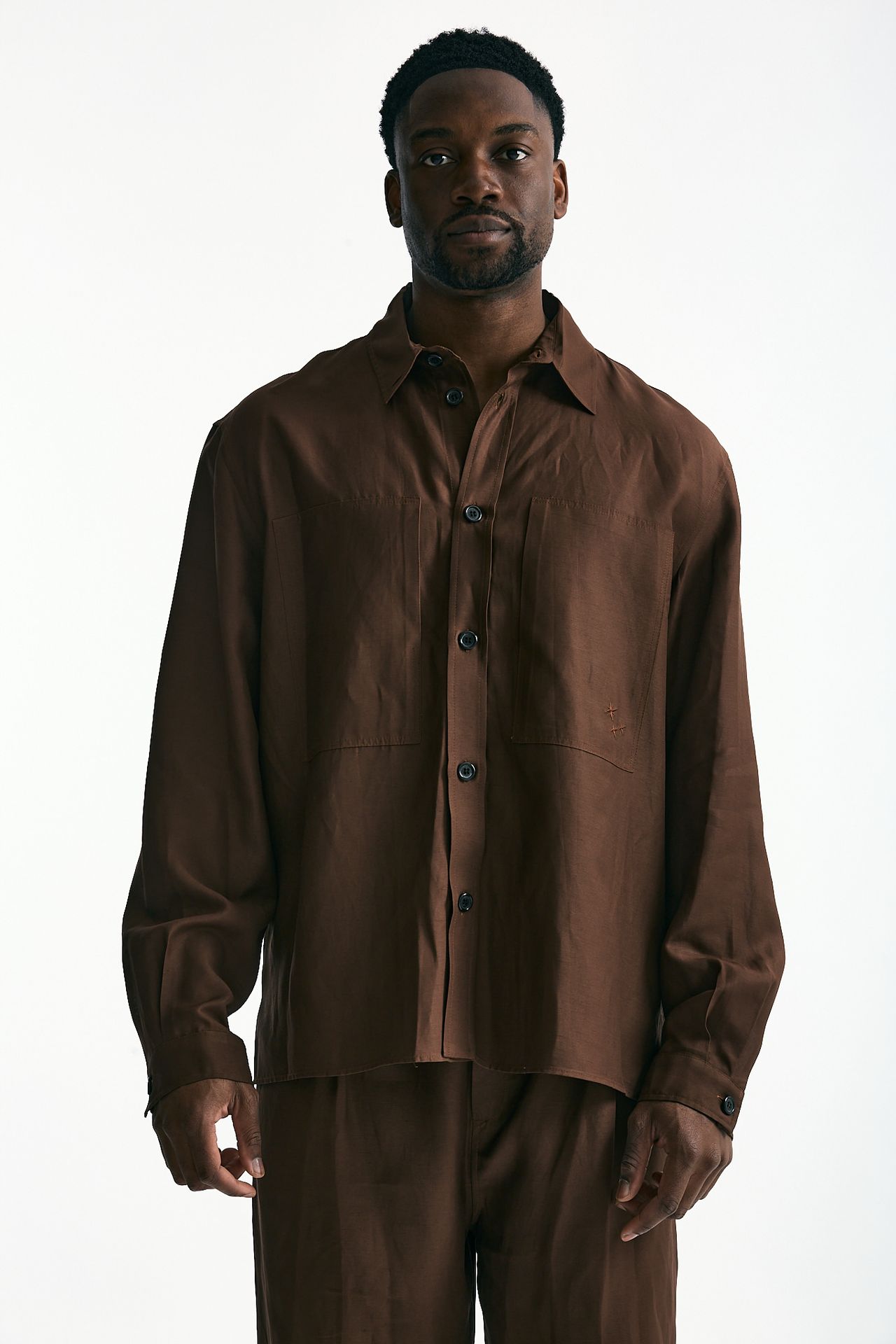 Camicia in viscosa e lino marrone men Laneus - 7