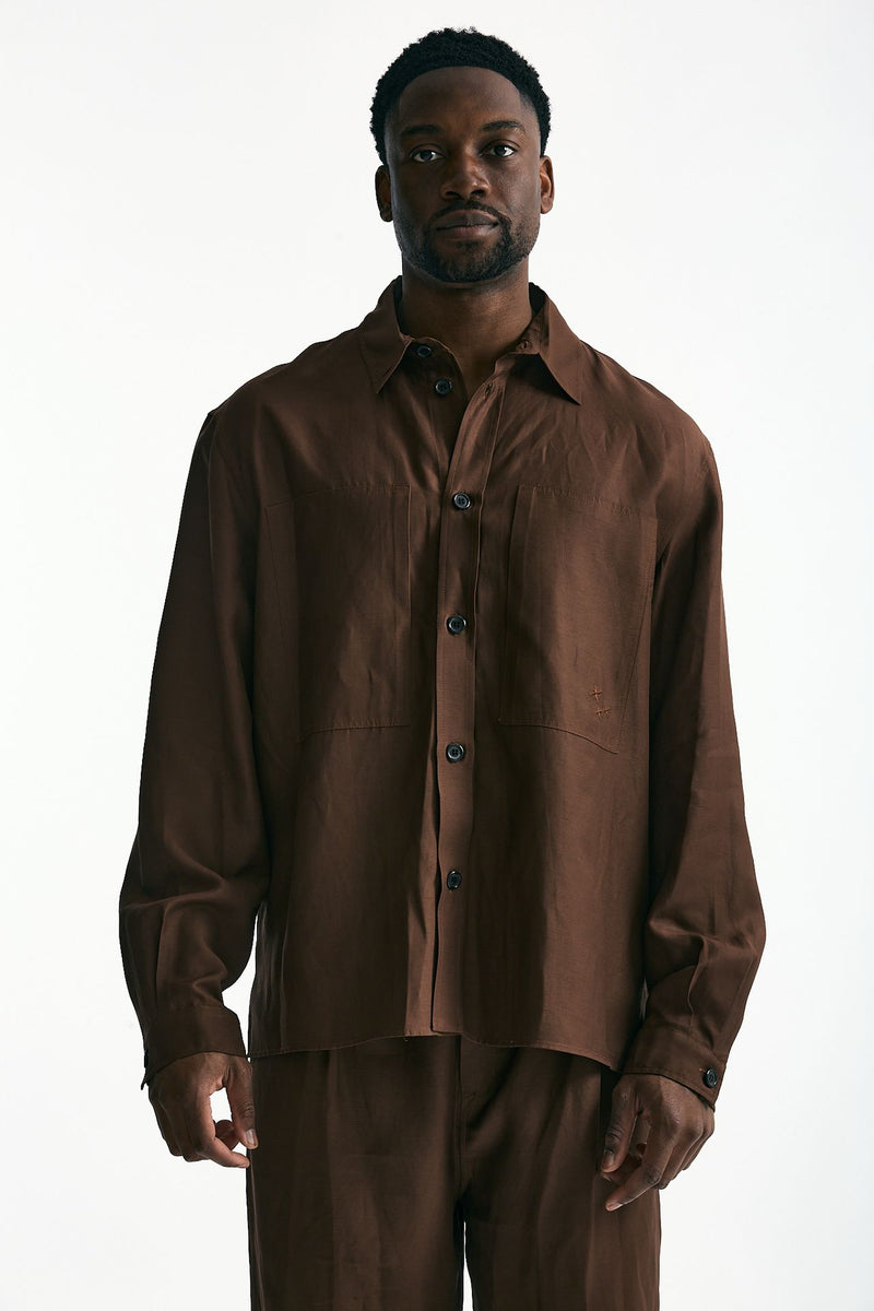 Camicia in viscosa e lino marrone men Laneus - 7