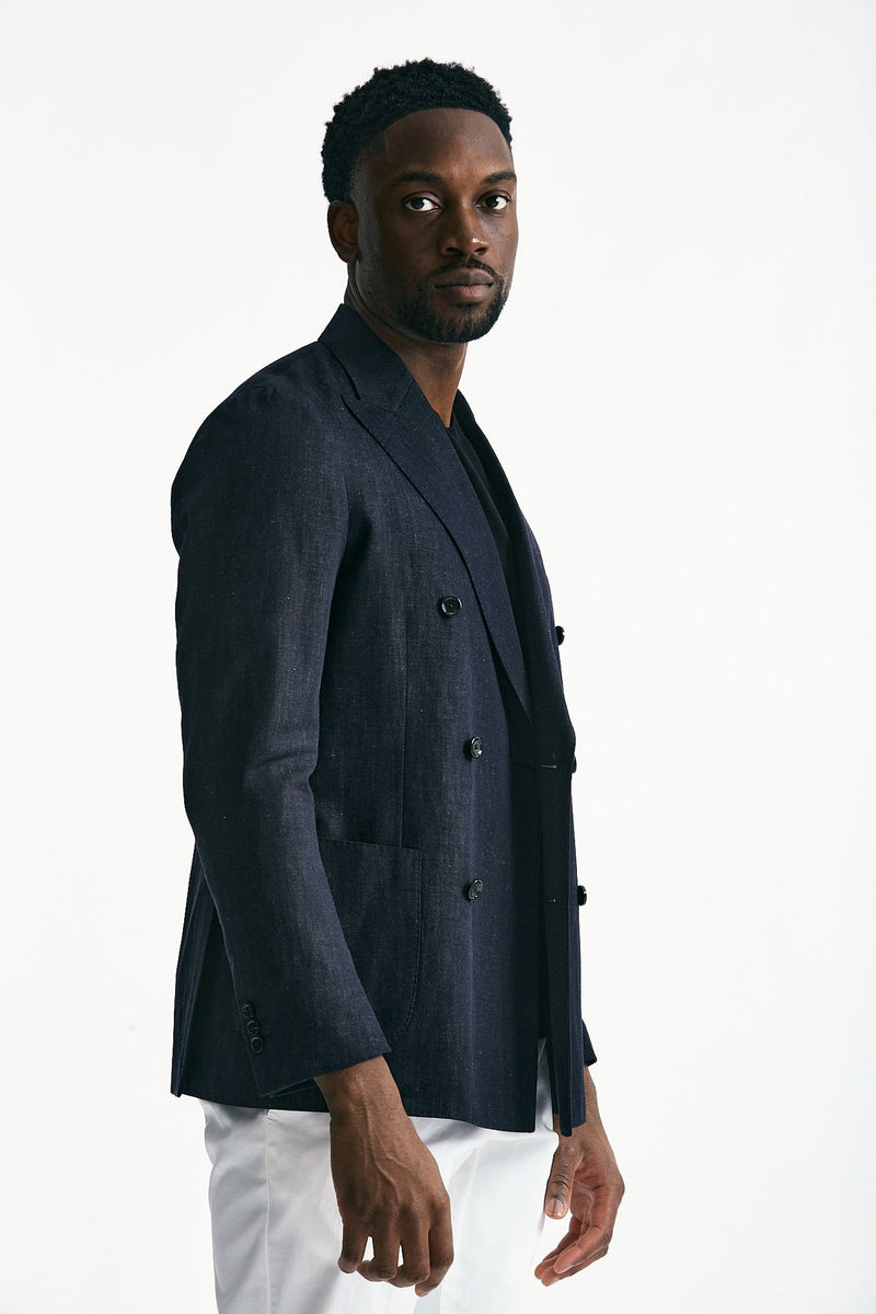 Giacca doppiopetto in cotone e lino Blu denim men Lardini - 4