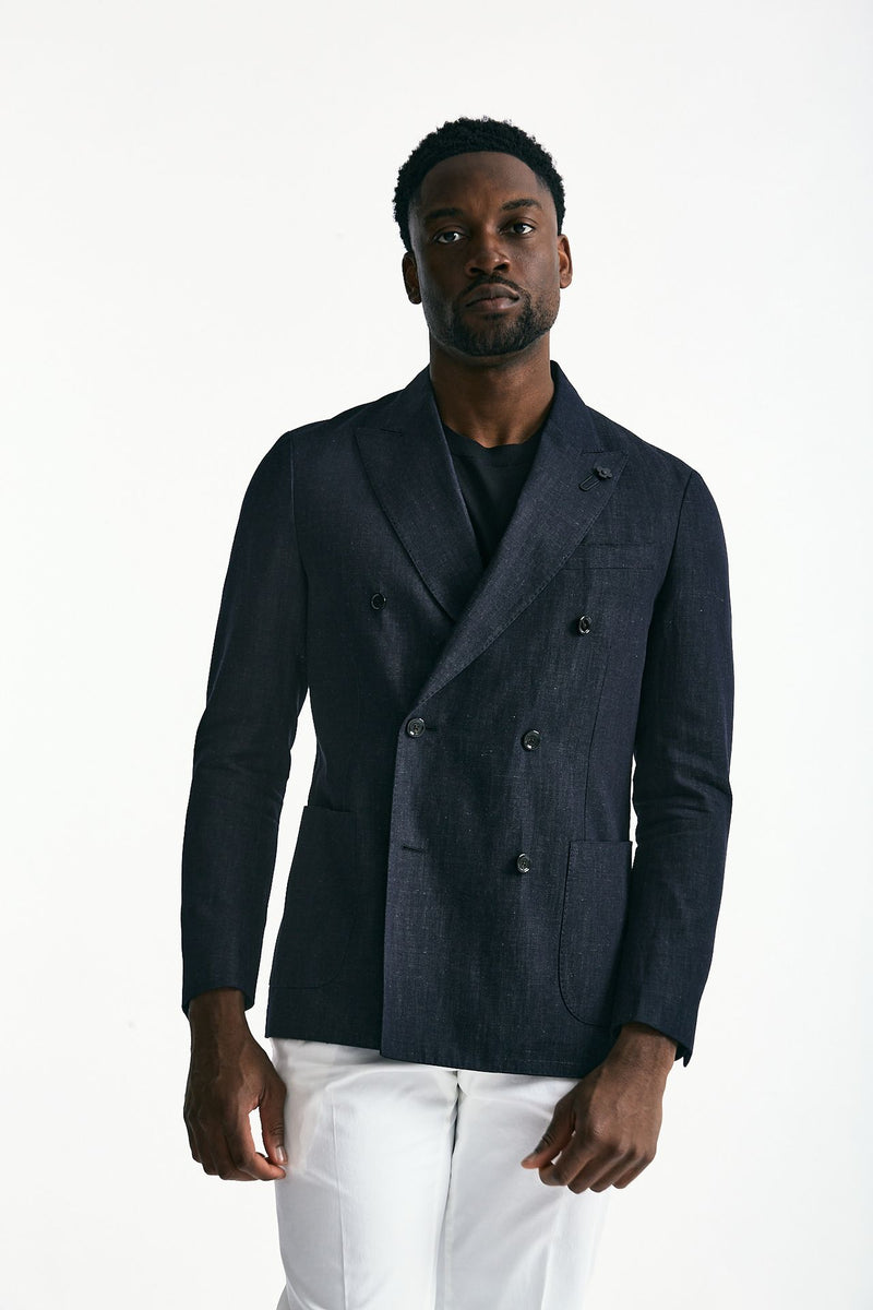 Giacca doppiopetto in cotone e lino Blu denim men Lardini - 5