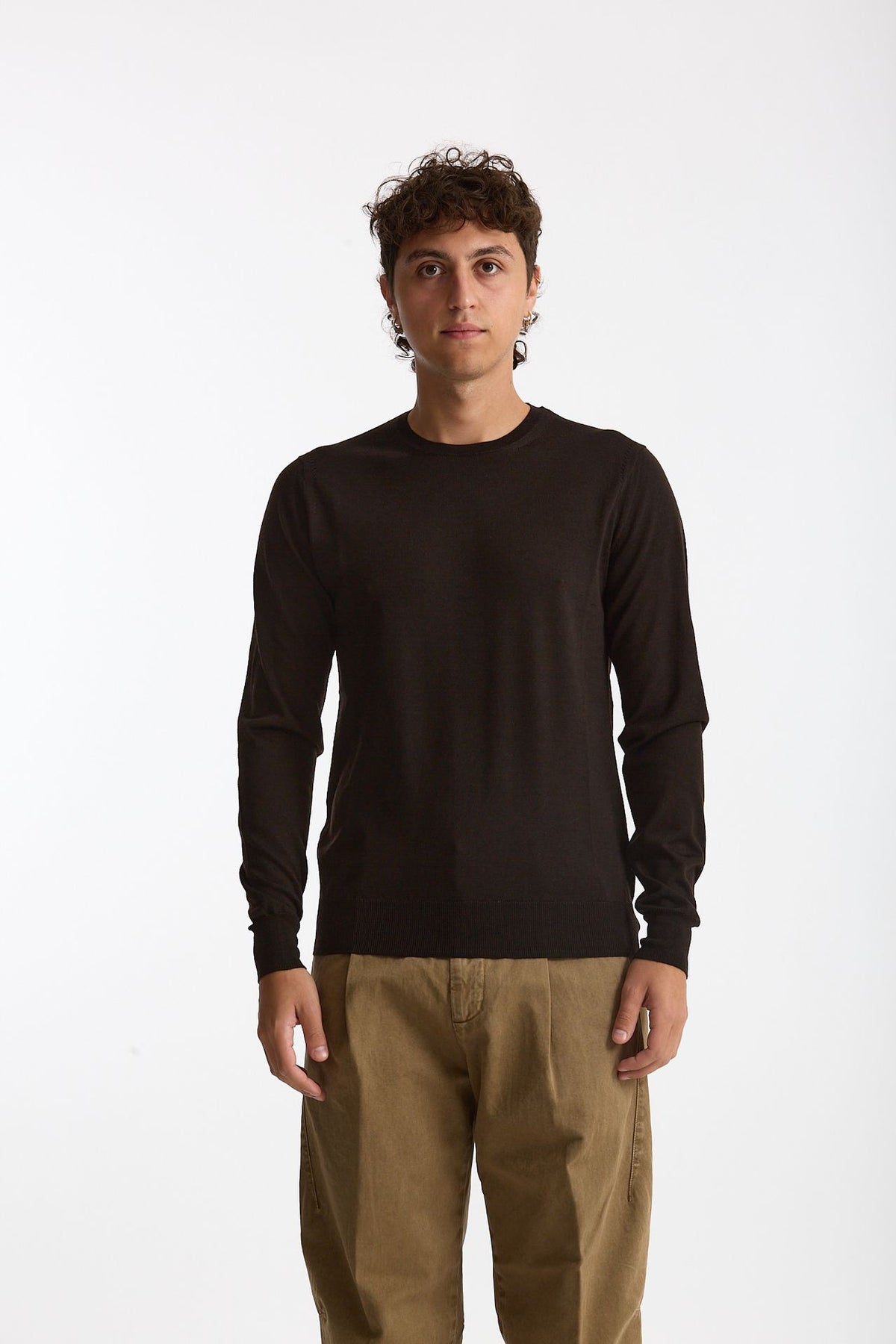 Maglia girocollo in lana rasata marrone men Hosio - 2