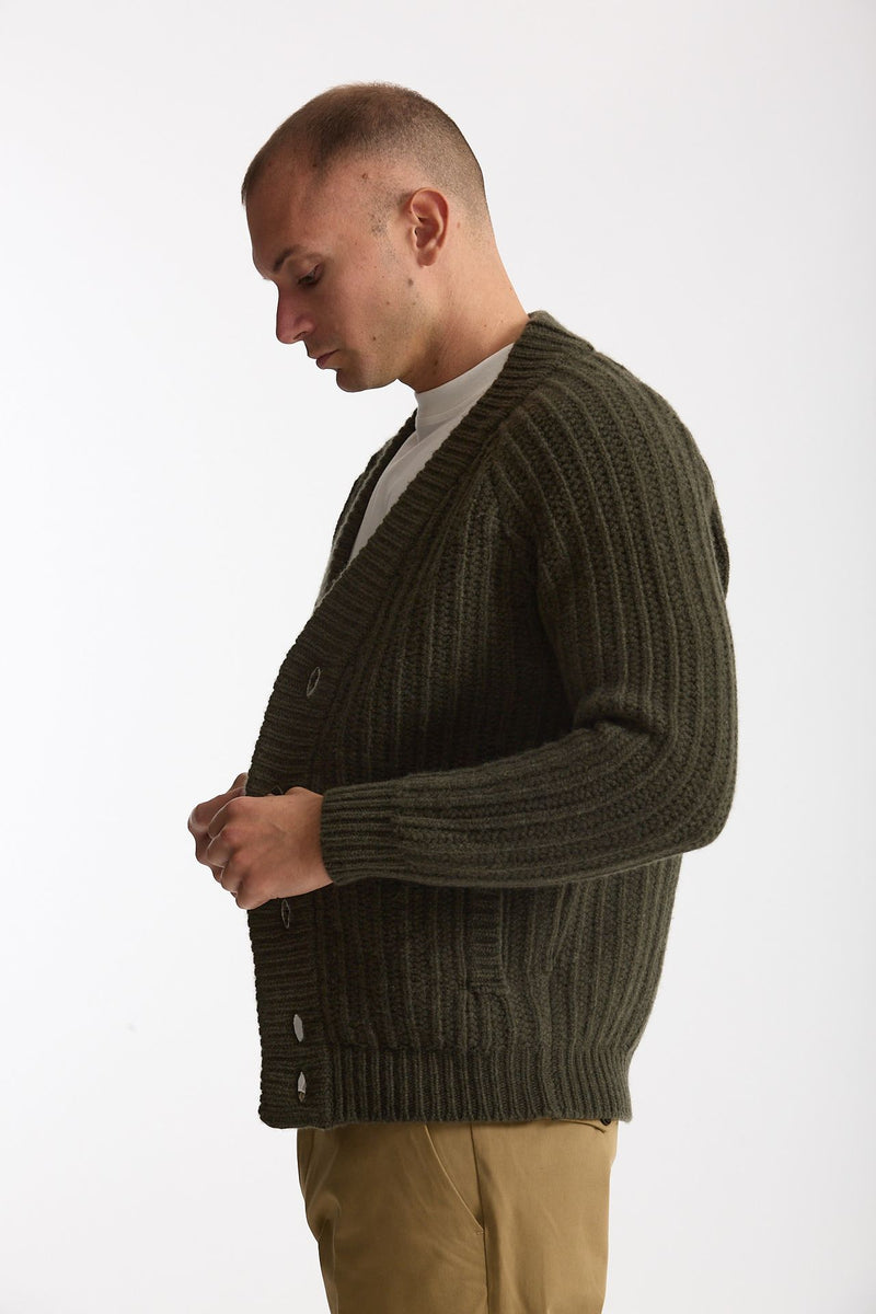 Cardigan a coste in lana verde militare men Rakki - 1