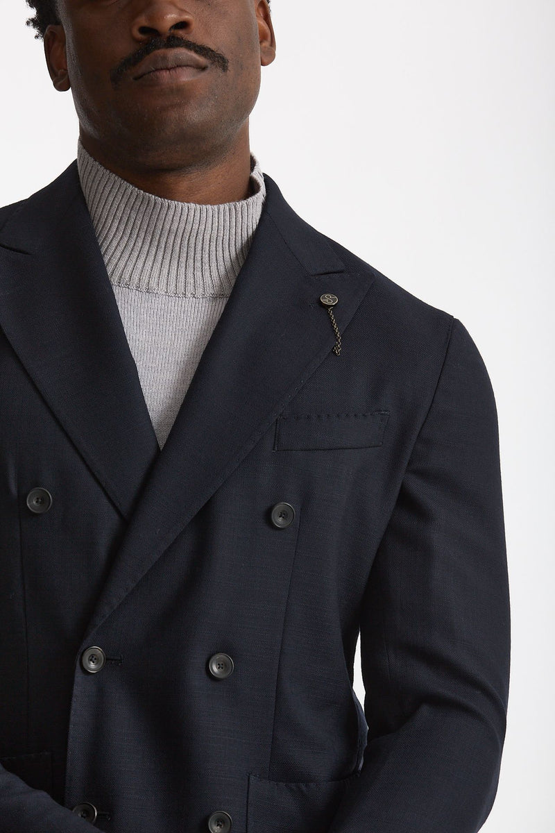 Giacca doppiopetto in lana stretch blu men Santaniello - 7